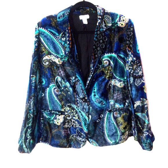 CHICO'S SZ.2,L, MULTICOLOR RAYON-NYLON VELVET LONG SLEEVE JACKET - Picture 1 of 9